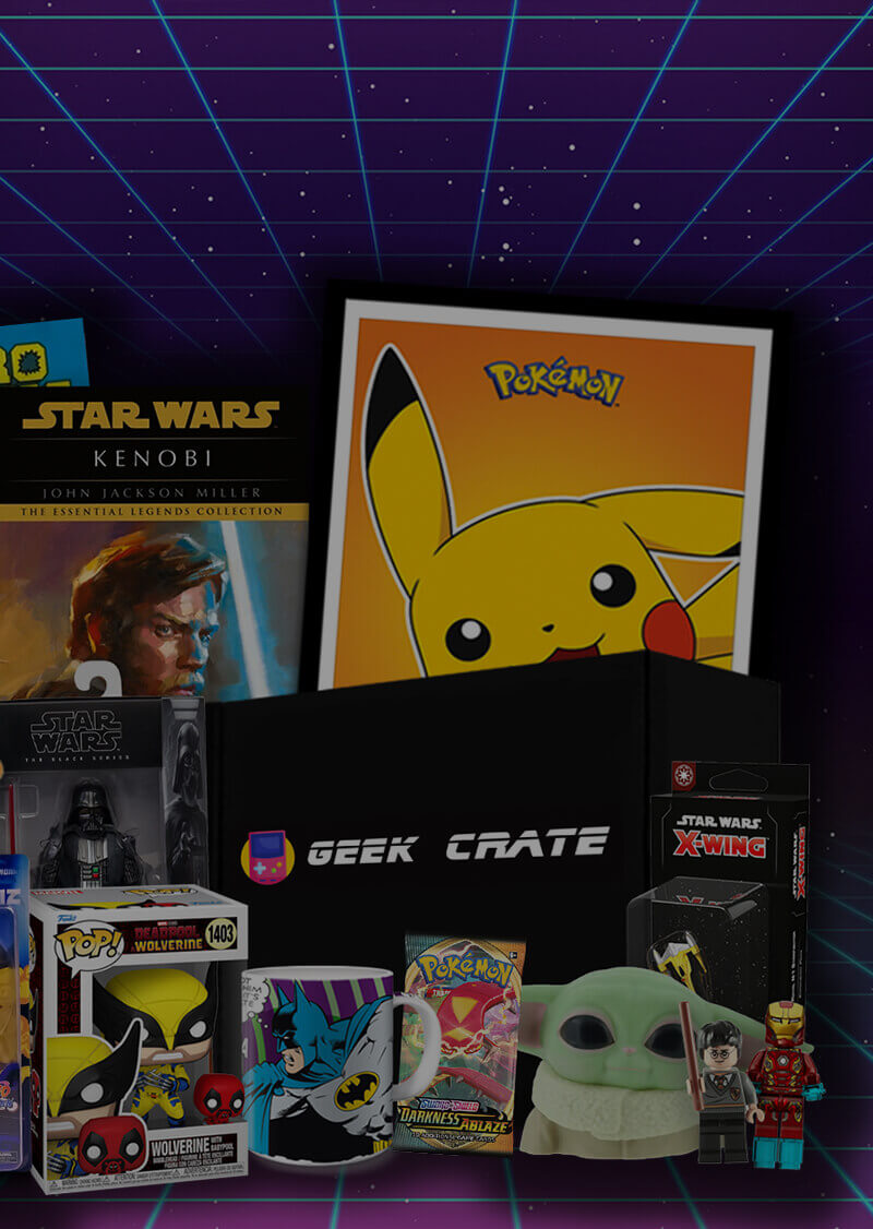 Geek Crate with various collectibles including Star Wars, Pokémon, and Marvel items on a retro-themed background.