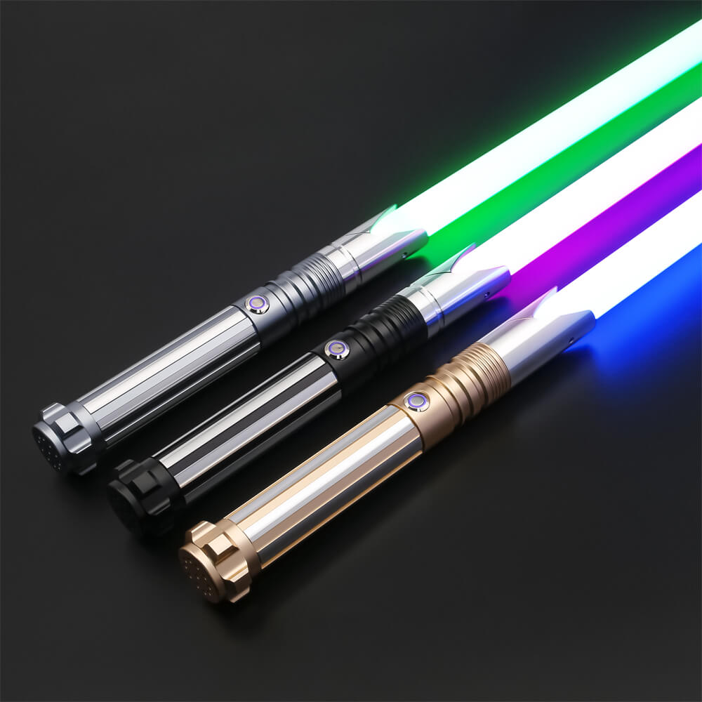Four lightsabers with colored blades on a black background