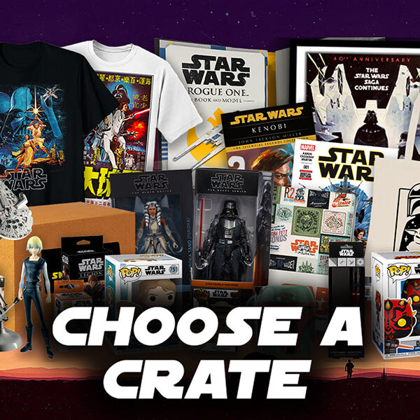 Collection of Star Wars merchandise including t-shirts, action figures, and books with 'Choose a Crate' text on a purple background.