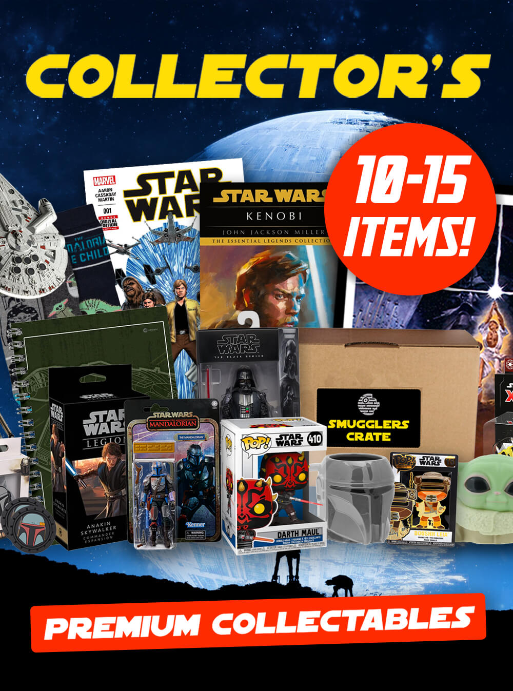 Collection of premium collectables with 'Collectors' Premium Collectables' text and '10-15 Items!' label.