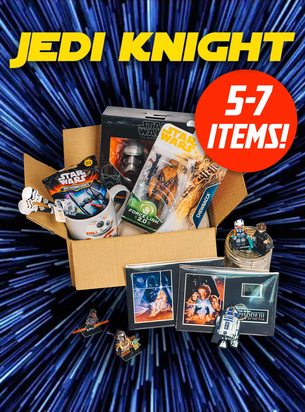 Star Wars themed box with various items on a blue and black striped background, featuring the text 'Jedi Knight' and '5-7 Items!'.