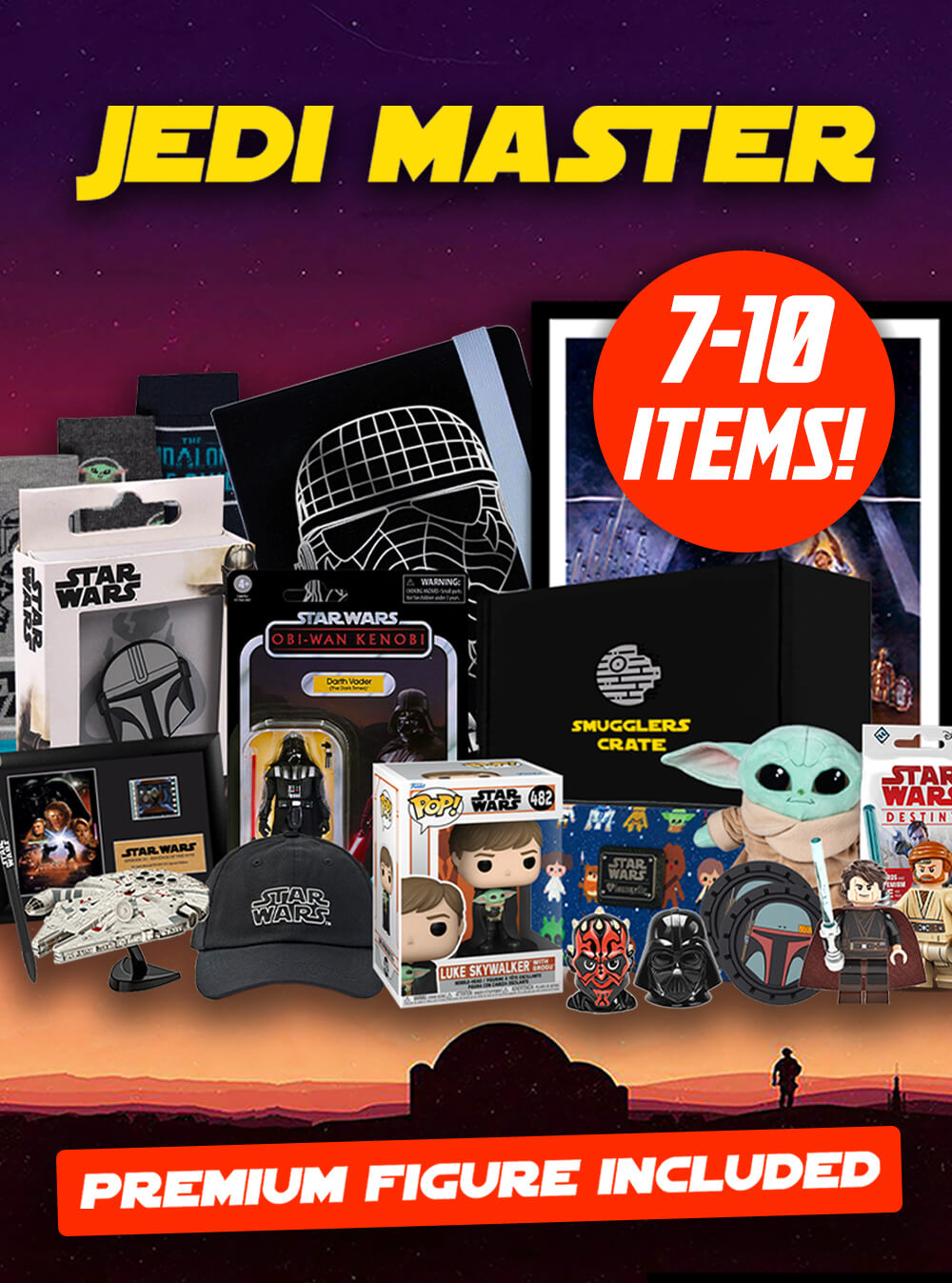 Collection of Star Wars-themed merchandise with 'Jedi Master' text and promotional text.