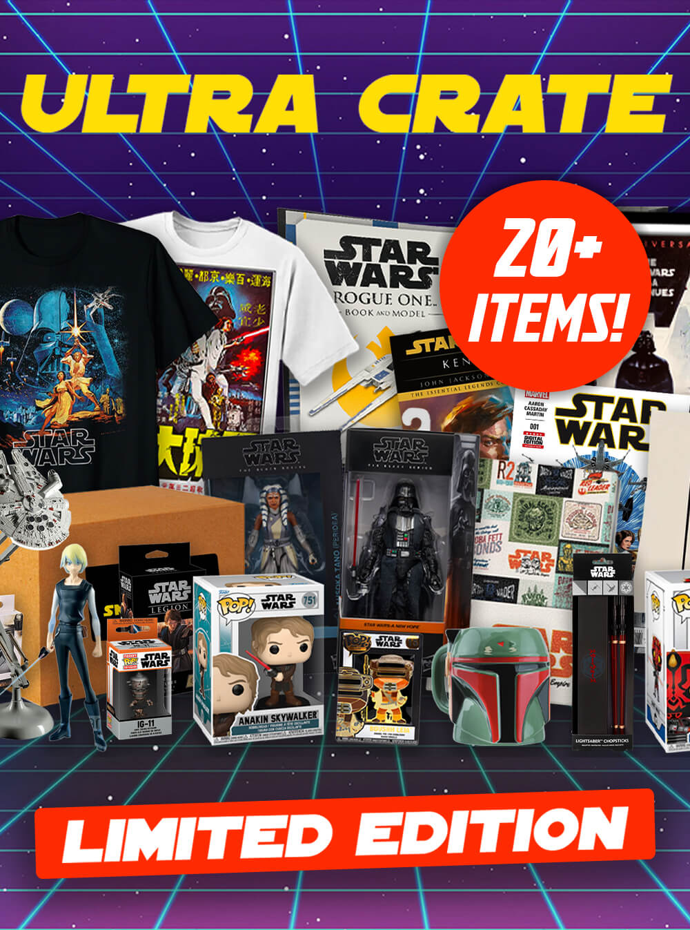 Collection of Star Wars merchandise including figures, t-shirts, and posters with 'Ultra Crate' branding.